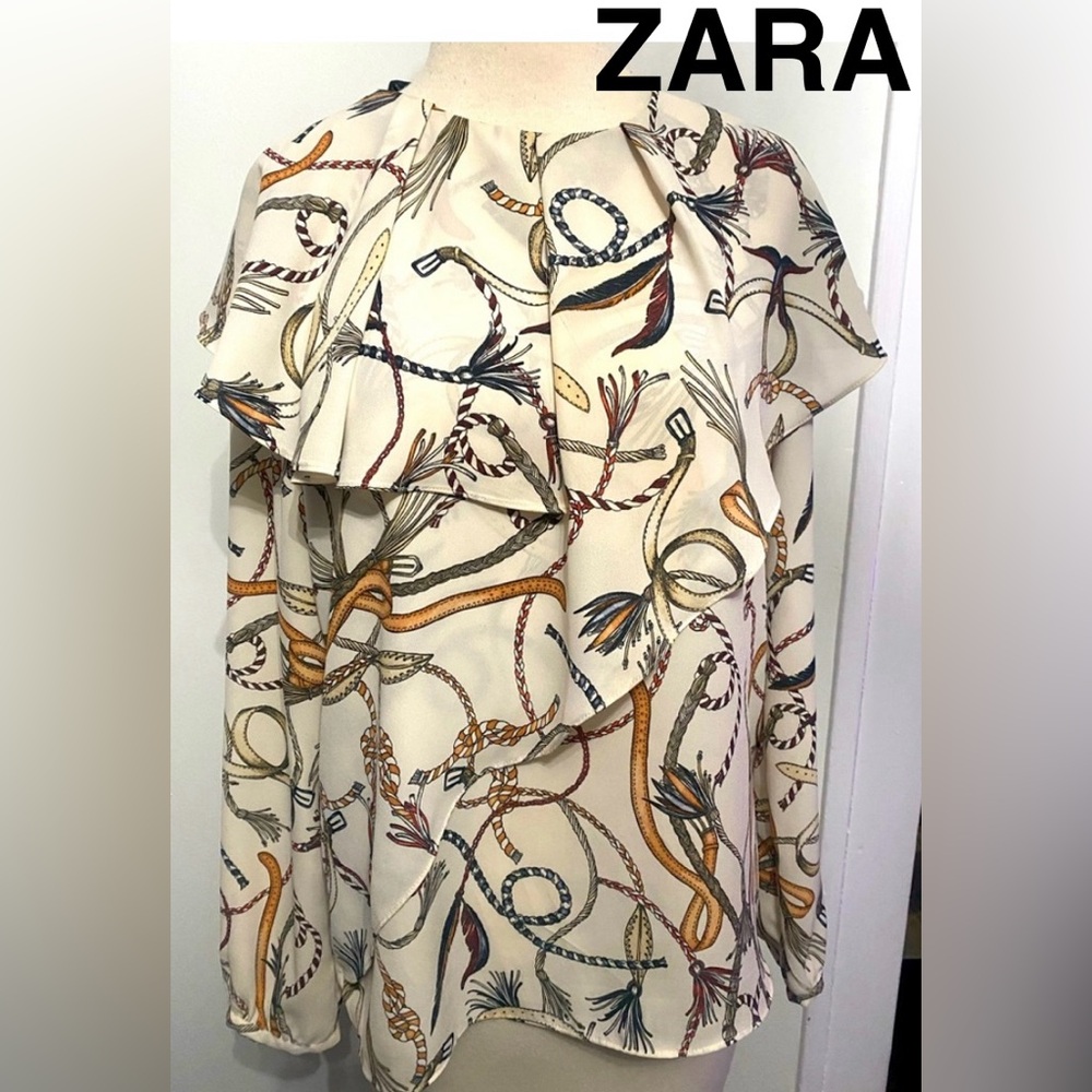ZARA Elegant Cream Patterned Women's Blouse - Size M - EUC